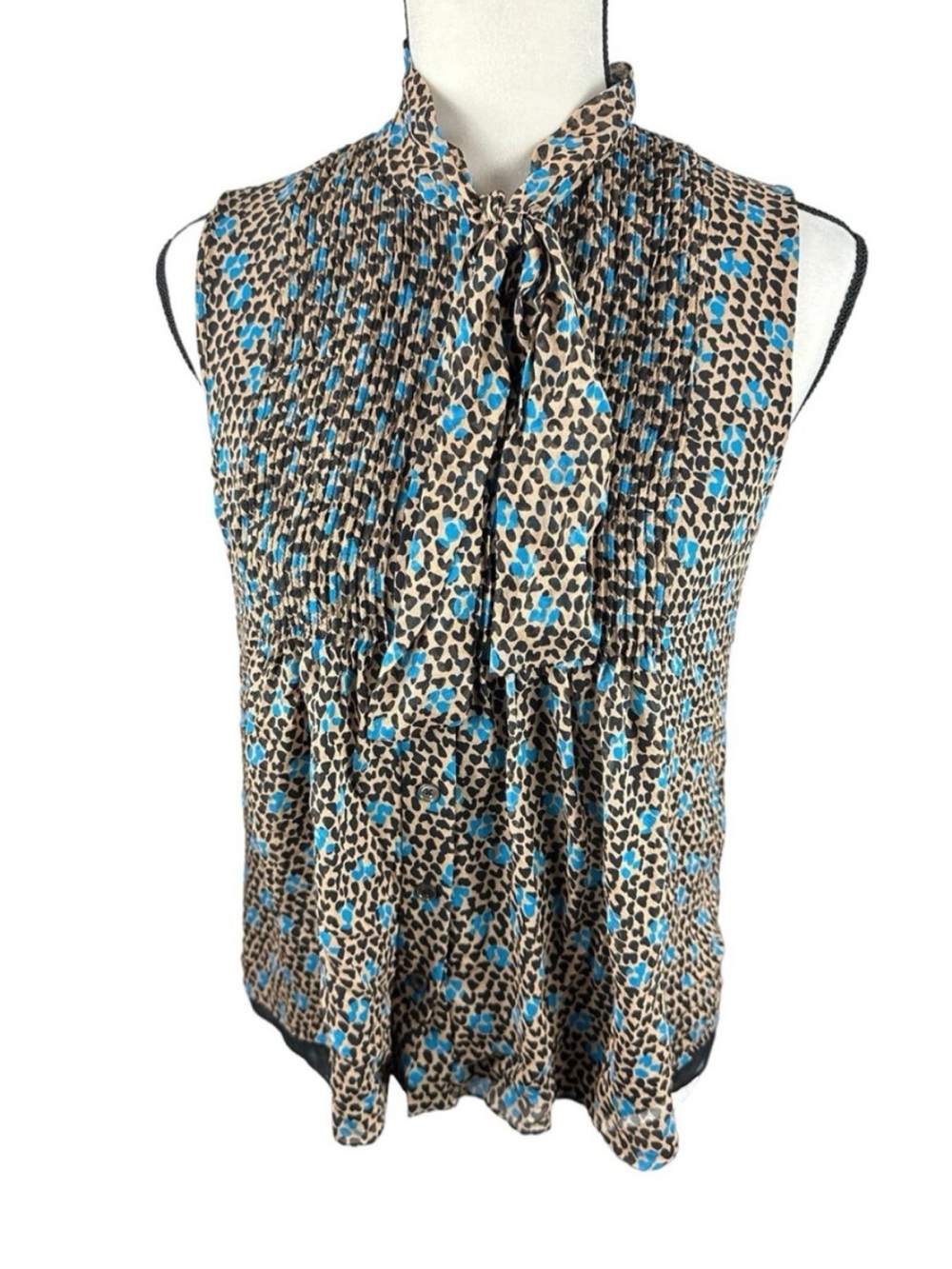 Diane Von Furstenberg Blue and Tan Printed Sleeveless V-Neck Top